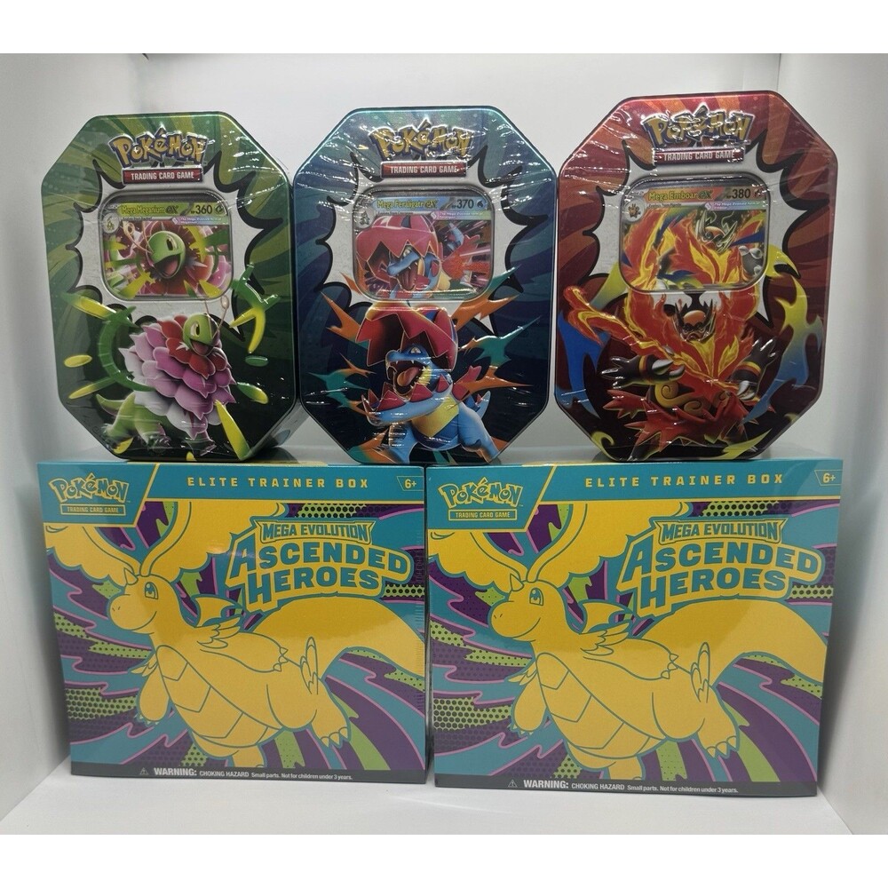 Pokemon TCG (2) Mega Evolution ASCENDED HEROES Elite Trainer Box ETB + (3) TINS